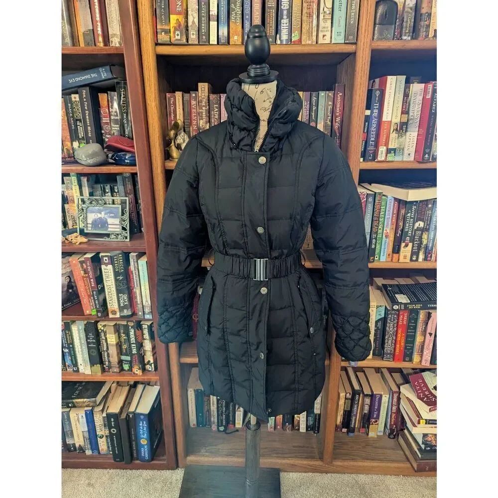 Betsey Johnson Women's xs Black Down Filled Feathers Quilted Puffer Jacket Hoode